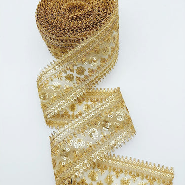 Gold Sequins Trim 2 Yards Decorative Embroidered Lace Sari Border Costume Ribbon Crafting Sewing Tape